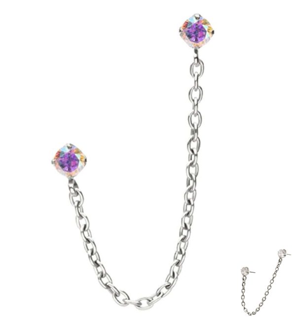 Double Prong Rainbow Aurora CZ Titanium Threadless Connector Rolo Chain Tops For Cheap