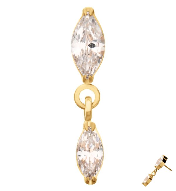 24kt Gold PVD Double Marquise Clear CZ Dangle Titanium Threadless Top Online Hot Sale