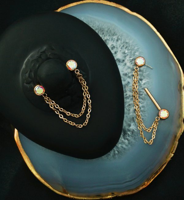 Rose Gold PVD Front Facing Rainbow Aurora CZ Double Dangle Threadless Titanium Nipple Barbell Hot on Sale - Image 2