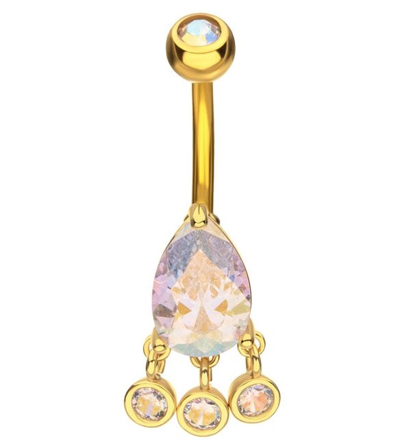 Gold PVD Teardrop Rainbow Aurora CZ Triple Bezel Dangle Stainless Steel Belly Button Ring Online