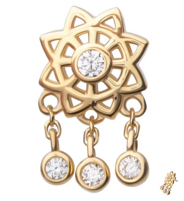 14kt Gold Mandala Flower Triple Clear CZ Dangle Threadless Top Hot on Sale