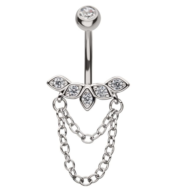 Petal Arch Clear CZ Double Dangle Chain Stainless Steel Belly Button Ring Sale