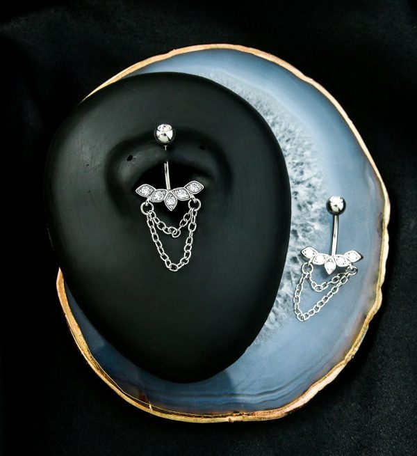 Petal Arch Clear CZ Double Dangle Chain Stainless Steel Belly Button Ring Sale - Image 2