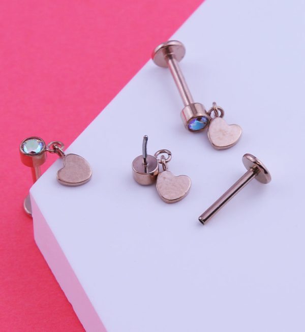 Rose Gold PVD Heart Dangle Rainbow Aurora CZ Titanium Threadless Labret Supply - Image 2