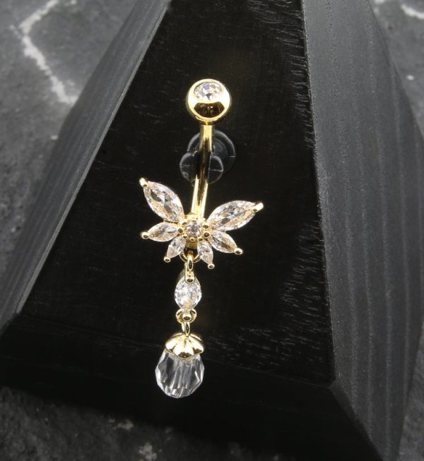 Gold PVD Half Flower Clear CZ Dangle Faceted Charm Stainless Steel Belly Button Ring Online now - Image 2
