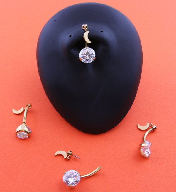 Gold PVD Clear CZ Dangle Half Moon Titanium Threadless Belly Button Ring For Discount - Image 2