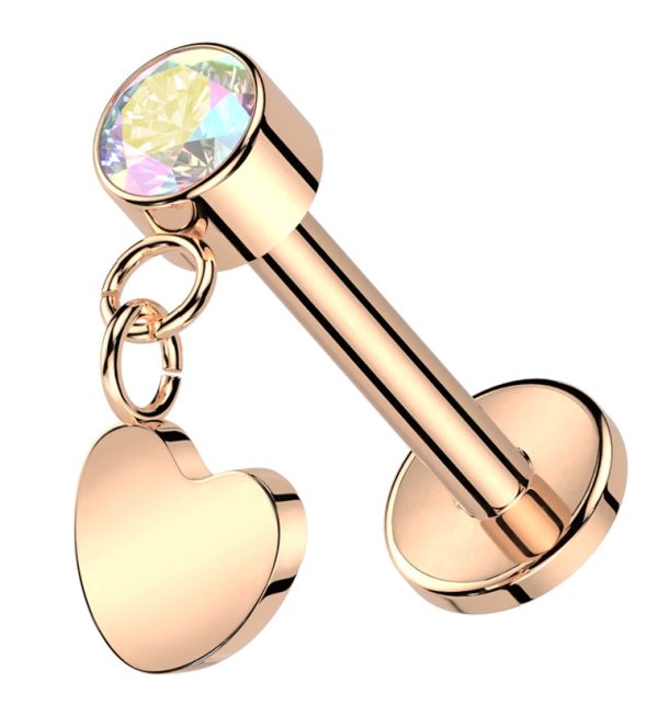 Rose Gold PVD Heart Dangle Rainbow Aurora CZ Titanium Threadless Labret Supply