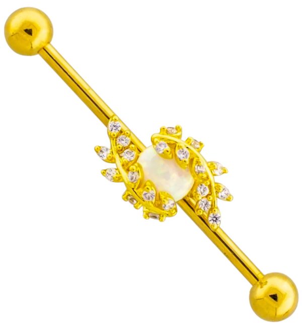 Gold PVD White Opalite Circle Leaves Industrial Barbell For Cheap