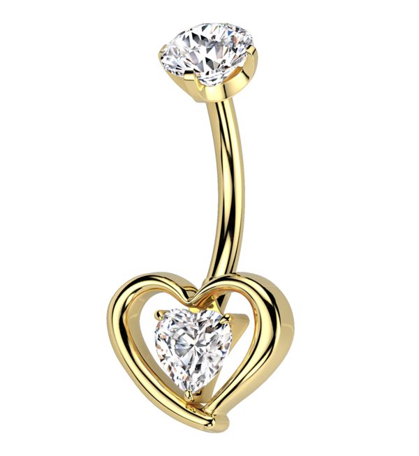 Gold PVD Enveloped Heart Clear CZ Titanium Internally Threaded Belly Button Ring Hot on Sale