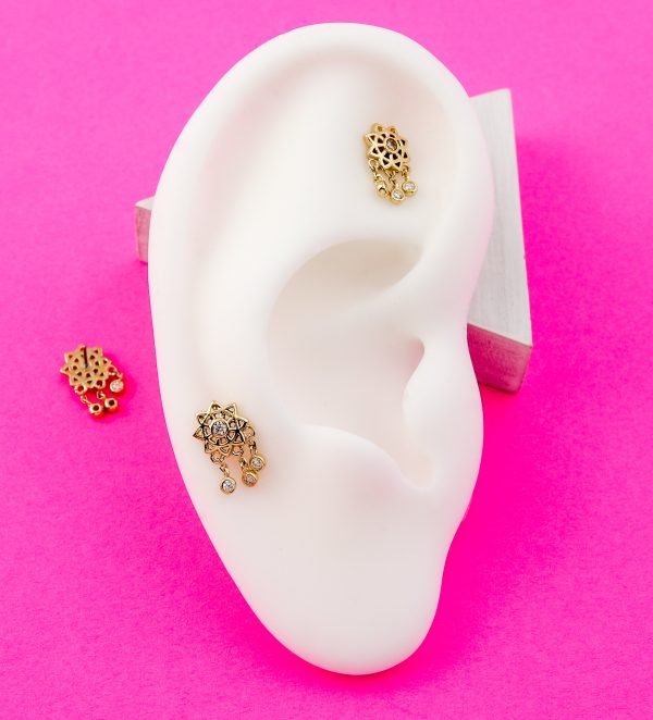 14kt Gold Mandala Flower Triple Clear CZ Dangle Threadless Top Hot on Sale - Image 2