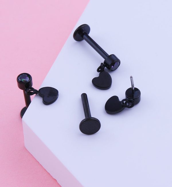 Black PVD Heart Dangle Black Aurora CZ Titanium Threadless Labret For Sale - Image 2