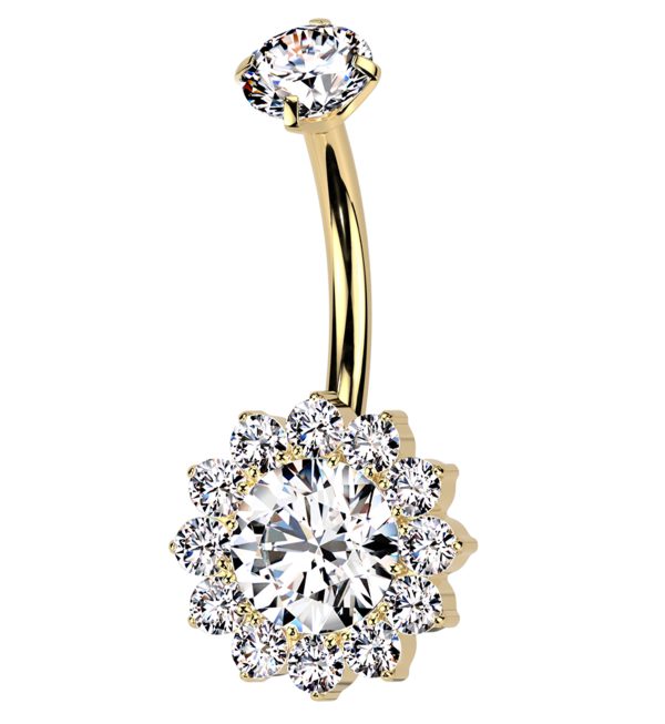 Gold PVD Clear CZ Bold Flower Titanium Internally Threaded Belly Button Ring For Sale