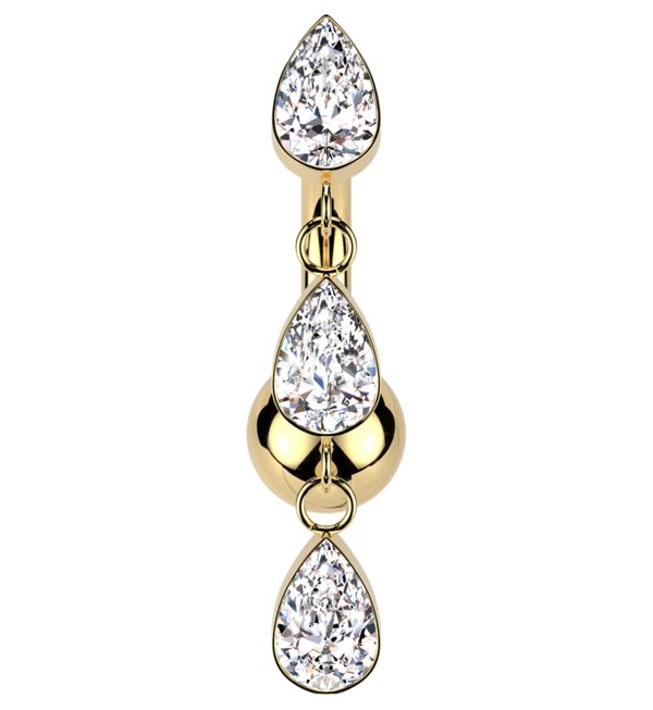 Gold PVD Triple Teardrop Dangle Clear CZ Titanium Threadless Belly Button Ring For Discount