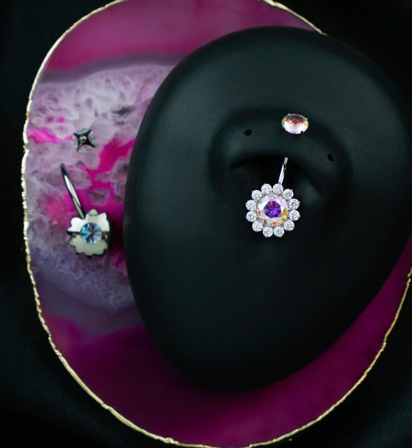 Rainbow Aurora CZ Bold Flower Titanium Internally Threaded Belly Button Ring Online - Image 2