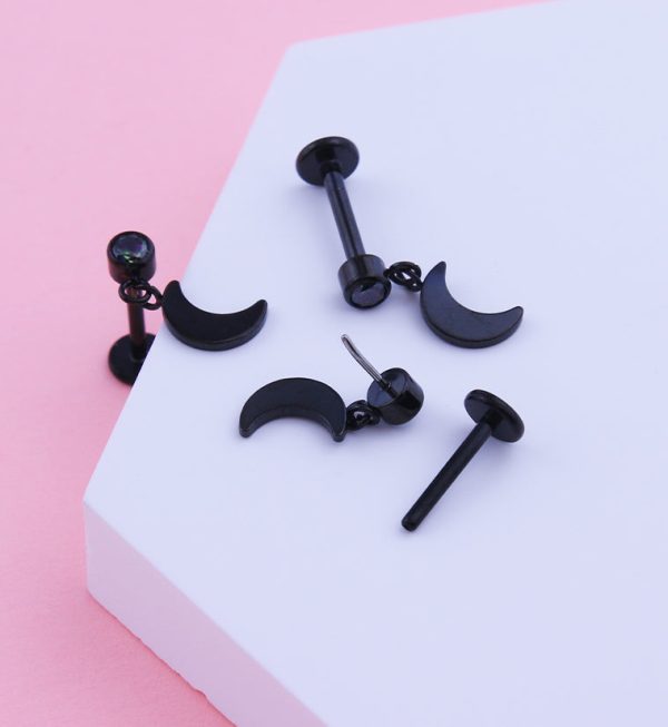 Black PVD Half Moon Dangle Black Aurora CZ Titanium Threadless Labret Cheap - Image 2