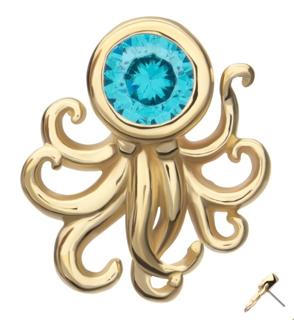 14kt Gold Octopus Aqua CZ Head Threadless Top Fashion