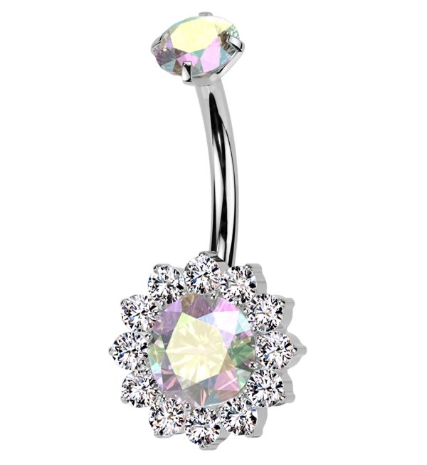 Rainbow Aurora CZ Bold Flower Titanium Internally Threaded Belly Button Ring Online