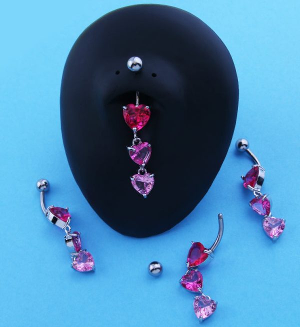 Triple Heart Pink CZ Dangle Stainless Steel Belly Button Ring For Discount - Image 2