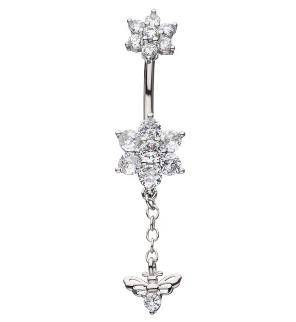 Flower Dangle Bee Clear CZ Stainless Steel Belly Button Ring on Sale