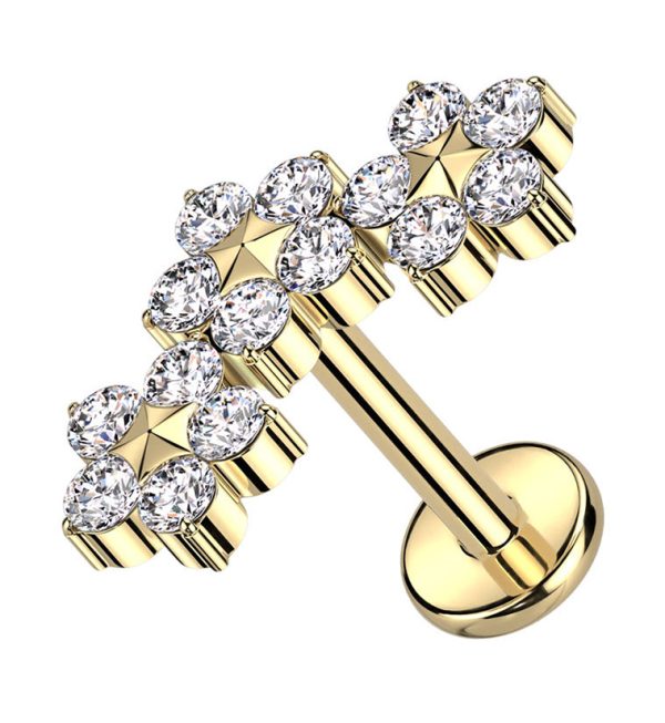 Gold PVD Triple Flower Clear CZ Internally Threaded Titanium Labret on Sale