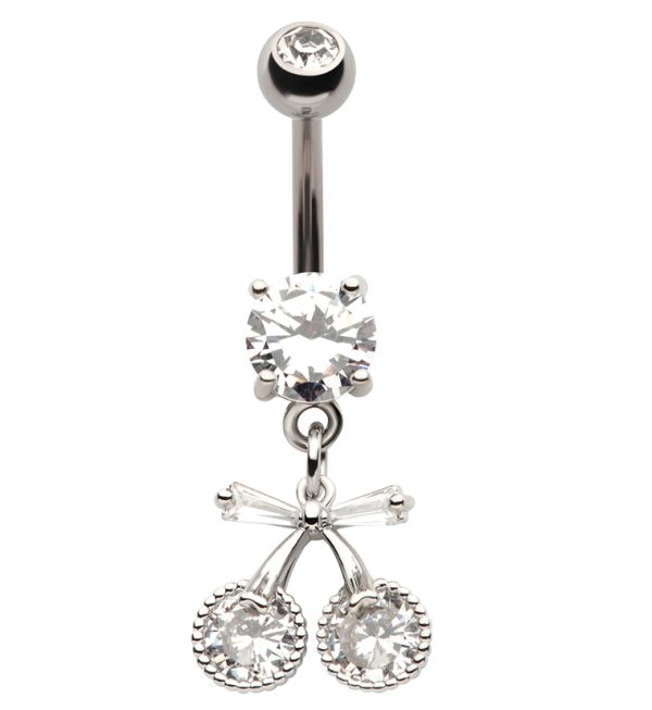 Cherry Bow CZ Dangle Stainless Steel Belly Button Ring Hot on Sale