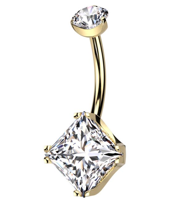 Gold PVD Square Clear CZ Internally Threaded Titanium Belly Button Ring Cheap