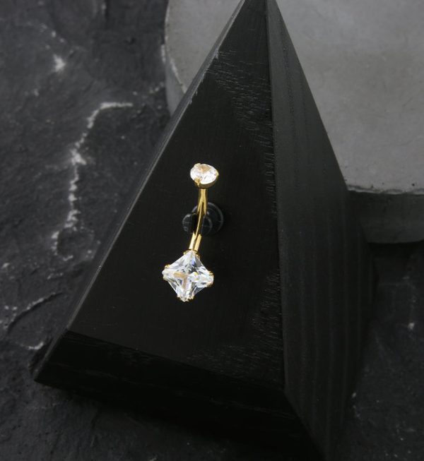 Gold PVD Square Clear CZ Internally Threaded Titanium Belly Button Ring Cheap - Image 2