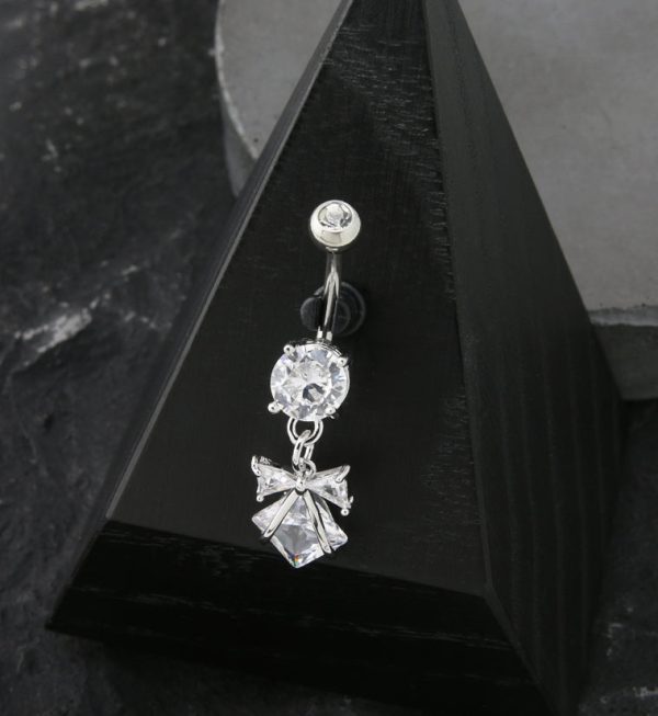 Bow And Rhombus CZ Dangle Stainless Steel Belly Button Ring For Cheap - Image 2