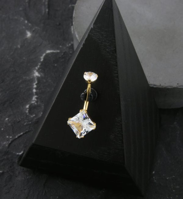 Gold PVD Square Clear CZ Internally Threaded Titanium Belly Button Ring Cheap - Image 3