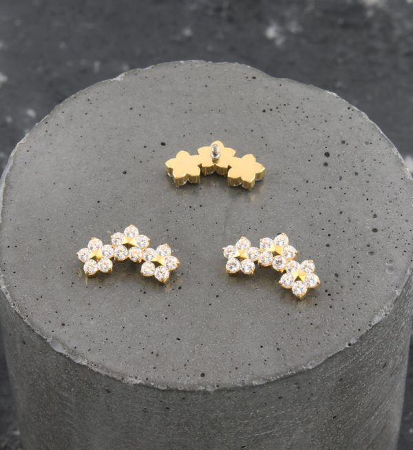 Gold PVD Triple Flower Clear CZ Internally Threaded Titanium Top Online - Image 2