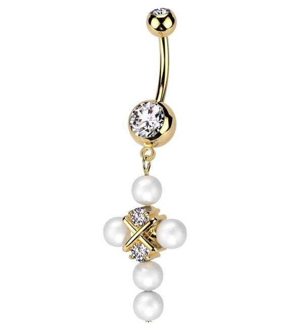 Gold PVD Pearl Cross CZ Dangle Stainless Steel Belly Button Ring For Discount