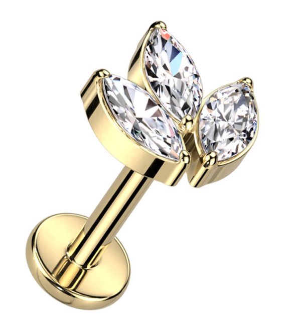 Gold PVD Tri Sepal Clear CZ Titanium Internally Threaded Labret Supply