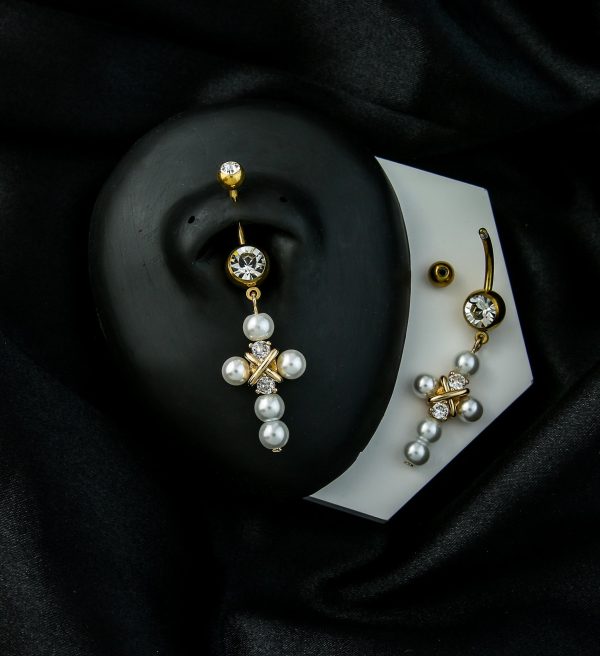 Gold PVD Pearl Cross CZ Dangle Stainless Steel Belly Button Ring For Discount - Image 2