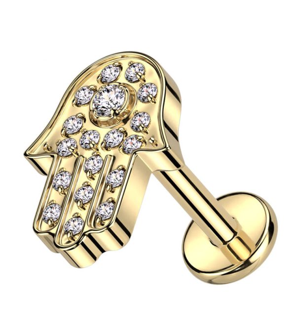 Gold PVD Hamsa Hand Clear CZ Internally Threaded Titanium Labret For Sale